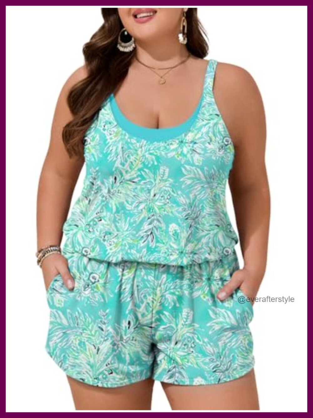 Plus Size One Piece Swim Romper with Pockets Boyshort Adjustable Straps